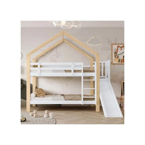 Lit Superposé Avec Toboggan Et Échelle Coudée À 3 Marches, Lit De Maison Anti-Chute, Cadre De Lit En Bois Massif, Blanc+ Naturel