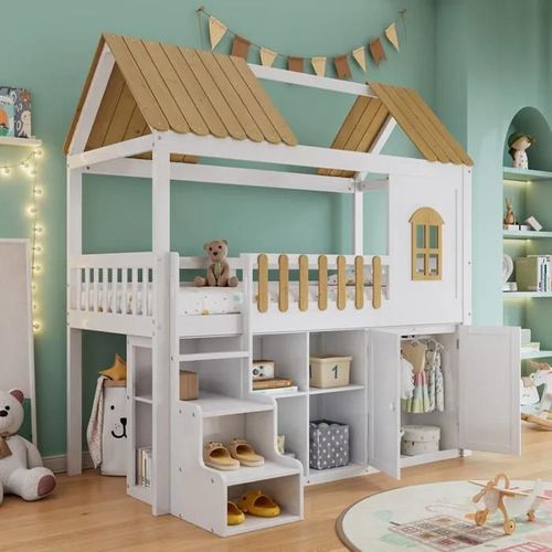 Lit Superposé Avec Grand Espace De Rangement, Lit En Bois Avec Armoire, Blanc + Naturel, 90x200 Cm