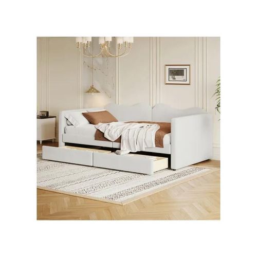 Lit D'enfant Lit Capitonné 90*200 Cm, Canapé-Lit Avec 2 Tiroirs, Cadre De Lit En Tissu Ourson Blanc