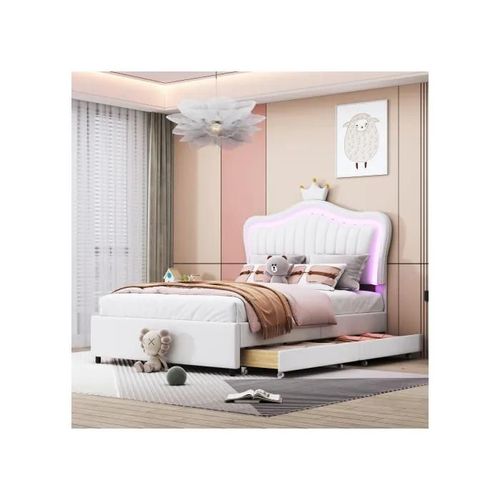 Lit D'enfant Lit Capitonné 90 X 200 Cm, Cadre De Lit Simple Pour Fille En Cuir Pu Blanc, Avec Tiroirs De Rangement