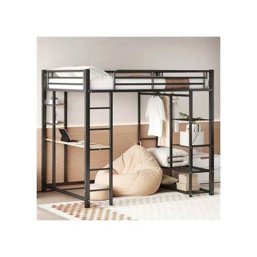 Lit Mezzanine En Métal Avec Échelle 140*200 Cm, Avec Table Et Cintre Simple Avec Compartiment De Rangement, Noir