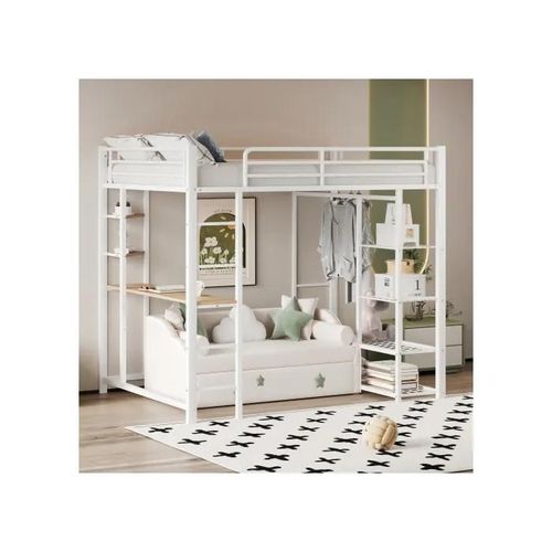 Lit Superposé Avec Échelle, 90*200 Cm, Avec Table, Lit Suspendu Simple Avec Compartiment De Rangement, Blanc