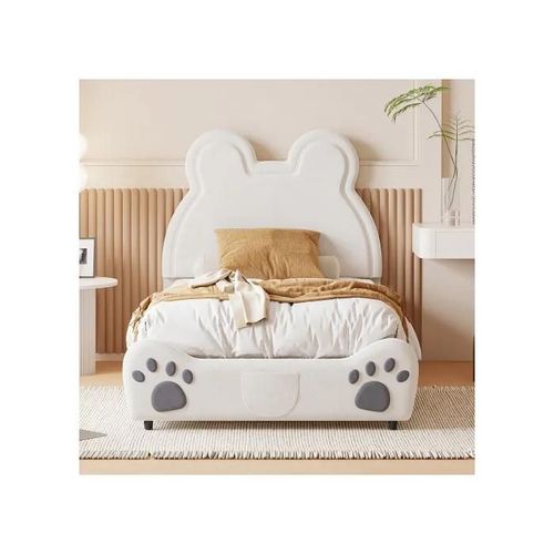 Lit Rembourré Beau Lit D'enfant, 90 X 200 Cm, Forme D'ours. Lit Simple En Velours Doux Pour La Peau, Blanc