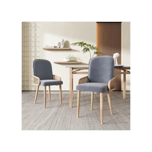 Chaise De Salle À Manger En Velours, Lot De 2, Design Rotin, Salon, Chambre, Avec Quatre Pieds En Métal (Effet Grain De Bois)Gris
