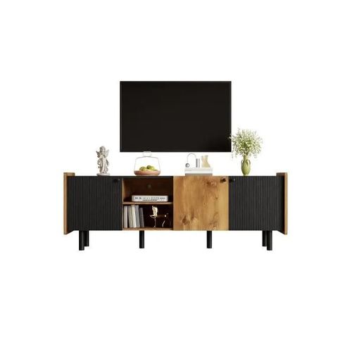 Meuble Tv 160 Cm Noir Et Bois - Style Moderne Avec Trois Portes Et Deux Compartiments Ouverts