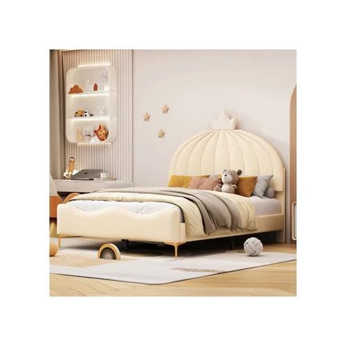 Lit Enfant Capitonné 140 * 200 Cm, Tête De Lit Cartoon Avec Contreforts Volants, Tissu Simili Cuir, Beige
