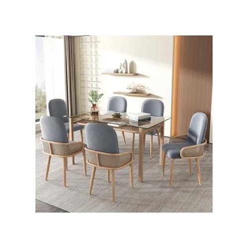Chaise De Salle À Manger En Velours, Lot De 6, Design Rotin, Salon, Chambre, Avec Quatre Pieds En Métal (Effet Grain De Bois),Gris