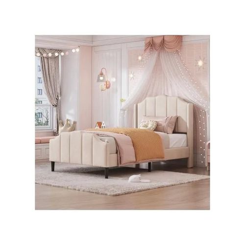 Lit Capitonné 90 X 200 Cm Lit D'enfant Cadre De Lit Avec Tête De Lit, Pied De Lit Et Sommier À Lattes Lit D'invité