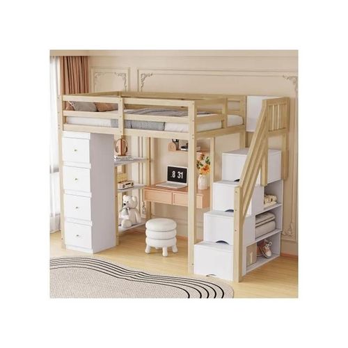 Lit Mezzanine 90*200 Cm, Commode Avec Étagères, Échelle De Sécurité Avec Tiroirs De Rangement, Couleur Bois