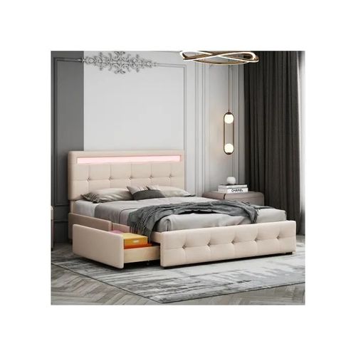 Lit Rembourré Avec Led 140 X 200 Cm, Sommier À Lattes Sur Roulettes, Lit Simple Avec Tête De Lit Et 4 Tiroirs (Sans Matelas)