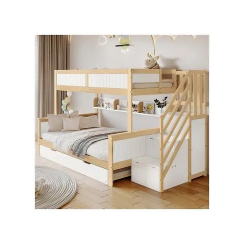 Lit Superposé, Pin + Mdf, Blanc + Naturel, 90x200 & 90x190 & 120*200 Cm