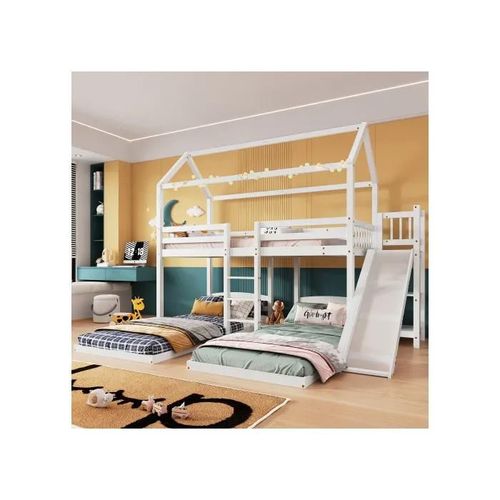 Lit Superposé Avec Glissière, Étagère Ouverte, Avec Échelle Triple, Pin + Mdf, Blanc, 90x200cm