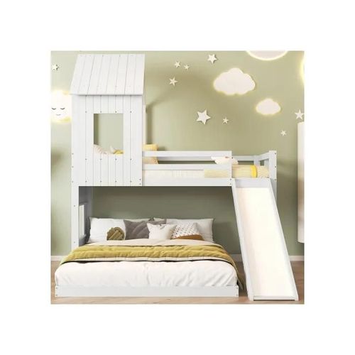 Lit Superposé Avec Toboggan Lit Superposé Avec Rails De Protection Contre Les Chutes, Avec Fenêtre Et Toit, Pin, Blanc