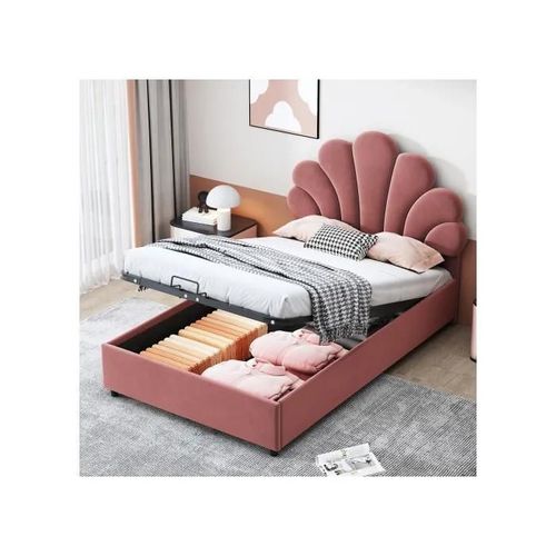 Lit Enfant Capitonné 90 X 200 Cm, Avec Tête De Lit Fleurie Et Sommier À Lattes, Couleur Rose
