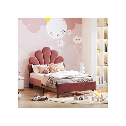 Lit Capitonné Lit D'enfant 90x200cm,Cadre De Lit Avec Tête De Lit En Forme De Fleur Et Sommier À Lattes (Couleur Rouge Haricot)