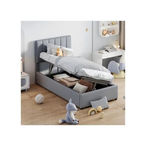 Lit D'enfant Lit Capitonné 90x200 Cm, Lit De Rangement Hydraulique, Lit Haut En Lin Doux Pour La Peau, Gris