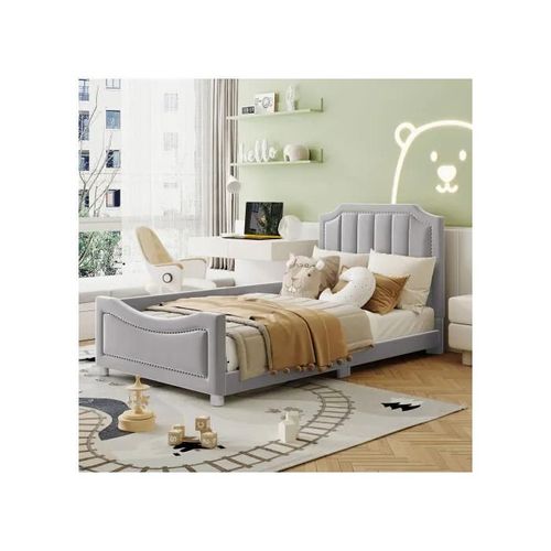 Lit D'enfant Lit Capitonné 90*200cm Canapé-Lit Cadre De Lit En Flanelle Lit Moelleux Multifonctionnel Avec Dossier Gris