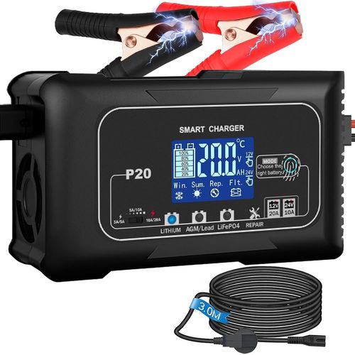 Mondodigitale-Chargeur De Batterie Voiture 20a, Chargeur Voiture 12v/24v, Chargeur Batterie Voitures, Chargeur De Batterie Intelligent Pour Batteries Au Lithium Lifepo4 Plomb-Acide(Agm, Gel, Mf, Efb,
