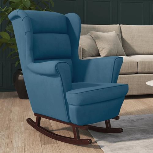 Fauteuil À Bascule Et Pieds En Bois Massif D'hévéa Bleu Velours