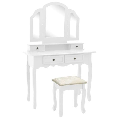 Ensemble De Coiffeuse Et Tabouret Blanc 100x40x146 Cm Paulownia