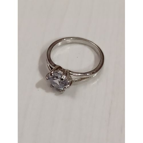 Bague Métal Argenté,Anneau Divisé,Pierre Ronde,Strass Transparent ,Taille 17.20 Mm