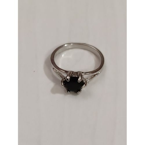 Bague Métal Argenté,Anneau Divisé,Pierre Ronde,Strass Noir ,Taille 17.20 Mm