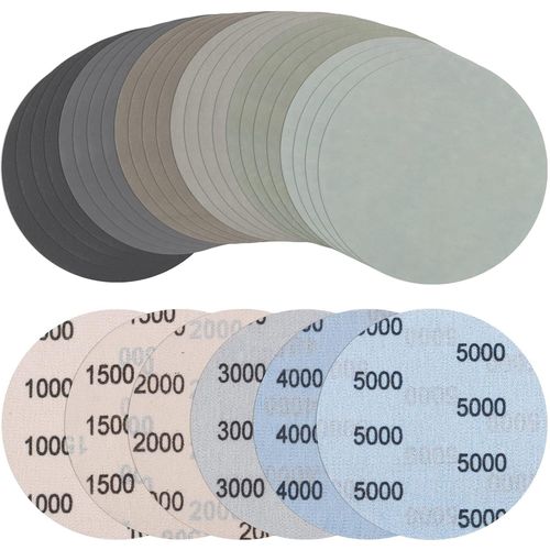 24 Pièces 125mm Papier de Verre Sec à l'eau, Grain 1000/1500/2000/3000/4000/5000 Disque abrasif rond Sans trou Disques abrasifs humides et secs, Ponceuse excentrique Pour voiture Métal et bois