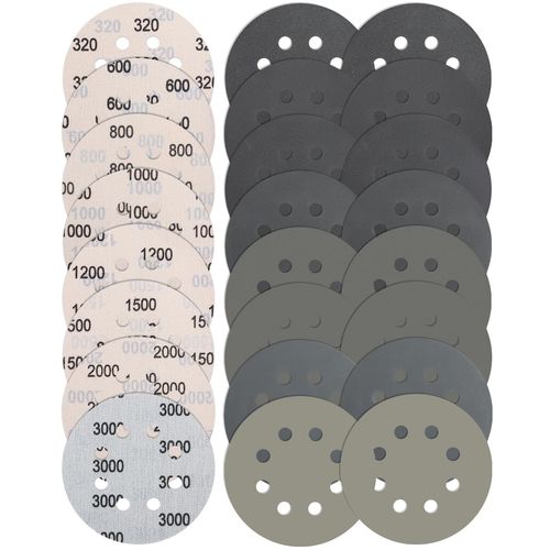 Lot de 24 disques abrasifs 125 mm- 8 trous - Grain 320/600/800/1000/1200/1500/2000/3000 - Pour voiture, métal, bois