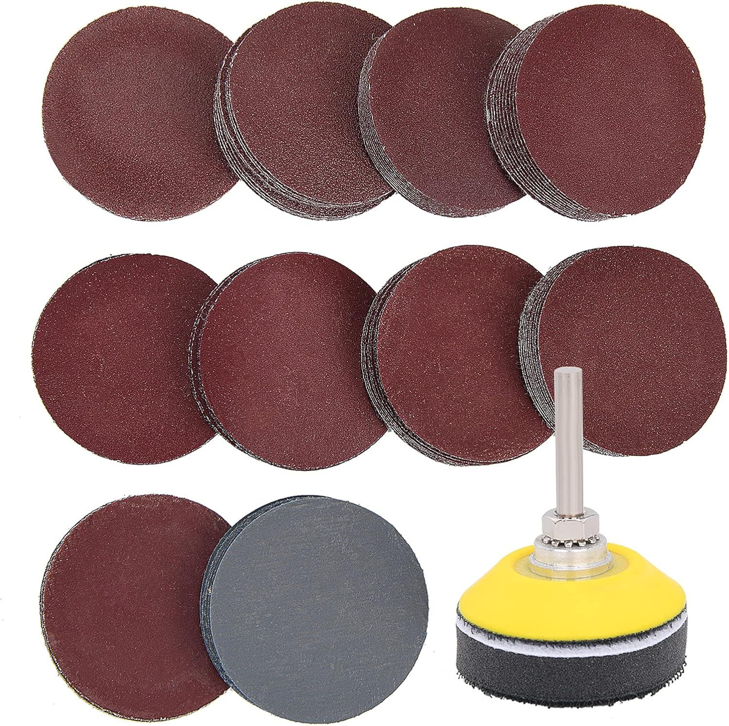 100 Pièces de Disques de Ponçage de 2 Pouces, Disques de Papier Abrasif de 50 mm, Grain 80-3000, Avec Plaque de Support de 1/4"" et Tampon en Mousse Souple, Pour Perceuses, Meuleuses et Outils