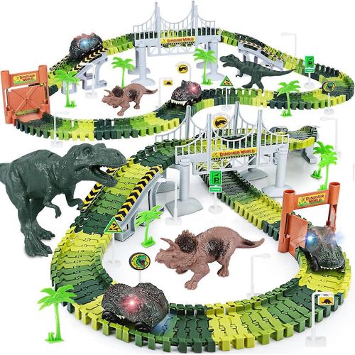 Jouets de dinosaures, créer une course sur route du monde des dinosaures, ensemble de jeu de piste flexible et 2 pièces voiture de dinosaure cool pour 3 4 5 6 ans et plus vieux garçon filles meilleur cadeau