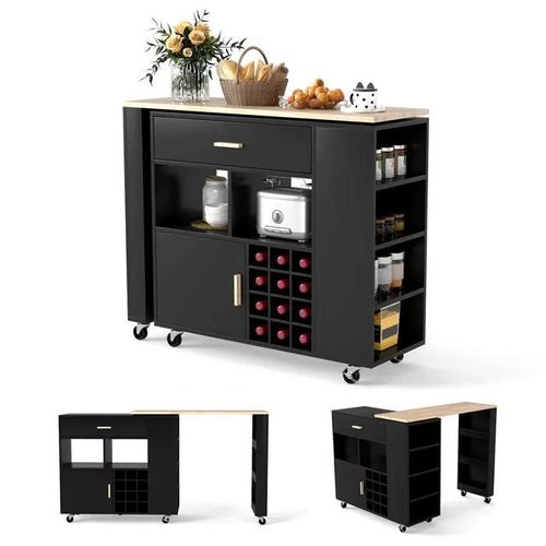 Costway 2 En 1 Desserte De Cuisine Avec Plateau En Caoutchouc, Étagère Réglable, Rack De Vin De 12 Bouteilles, Tiroir, Porte-Épices