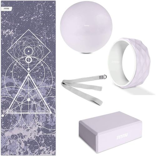 Kitwell-400 - Kit Yoga Pilates Violet 4 Accessoires Pilates Qui Comprend Tapis Avec Design Géométrique, Brique, Anneau Et Sangle, Spécial Pour Les Séances De Yoga Et De Pilates