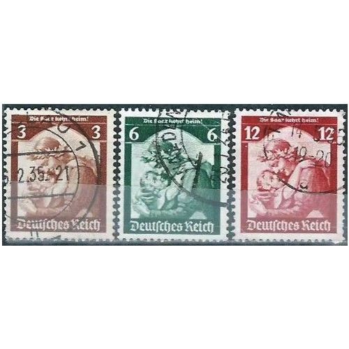 Allemagne, 3ème Reich 1935, Beaux Timbres Yvert 524 525 526, Retour De La Sarre Au Sein Du Reich Allemand, Filigrane Croix Gammées, Oblitérés, Tbe.