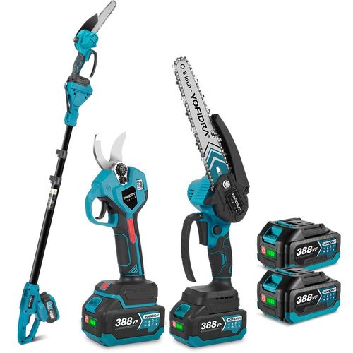 Tronçonneuse à batterie 8 pouces Brushless et Sécateur électrique 28 mm, avec perche télescopique réglable de (1-1.7m), avec deux batteries et un chargeur
