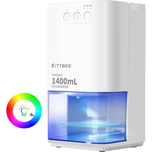 MONDODIGITALE-Deshumidificateur D Air Electrique, 1400Ml Dehumidificateurs Maison Silencieux Anti Moisissure 8-24H Minuterie 7 Couleurs De Led Arrêt Automatique, Salles De Bain Pour Chambre Armoire (