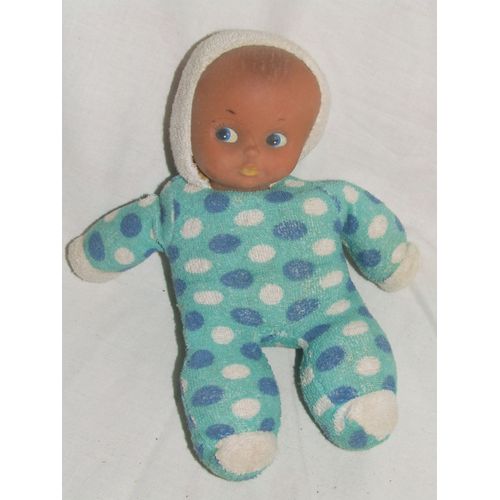 POUPEE CLODREY TISSU CHIFFON ANCIEN VINTAGE POIS BLEU BLANC 25 cm