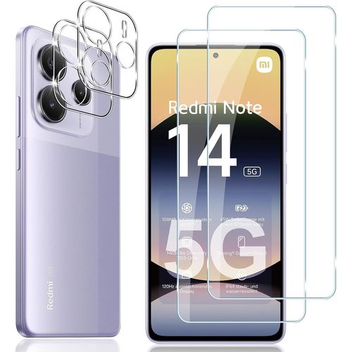 Verre Trempé Pour Xiaomi Redmi Note 14 5g, 2 Pièces Protection Écran Film Avec 2 Pièces Caméra Arrière Protecteur, Dureté 9h Film Objectif Ultra Hd Vitre Trempé[Trempe8666]