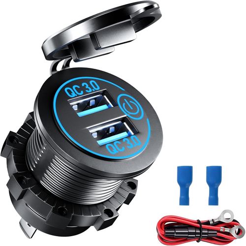 Mondodigitale-Chargeur De Voiture Usb Prise Qc3.0 Double Prise Usb Moto 12v Étanche Prise Usb Encastrable Avec Interrupteur Tactile Et Led Pour 12v/24v Moto Camion Bateau Bleu