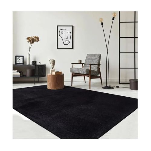 Grand Tapis De Salon Ou Chambre En Noir 200x290 | Tapis Poil Ras Moderne Et Doux | Rectangulaire | Interieur - The Carpet Loft