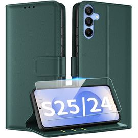 Coque Pour Samsung Galaxy S25 5g / S24 5g Coque Etui Avec Verre Trempé Porte Carte Rabat Clapet Portefeuille Cuir Pochette Antichoc Flip Case Étui Housse Protection Coque,Vert Foncé