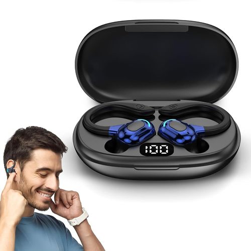 Oreillettes Sans Fil Bluetooth 5.2 - Universels, Tour D`Oreille 360°, Micro Intégré, 20h Lecture, Batterie 70mah, Chargeur Type-C 300mah, Son 8d Stéréo, Charge Ultra Rapide(Bleu)