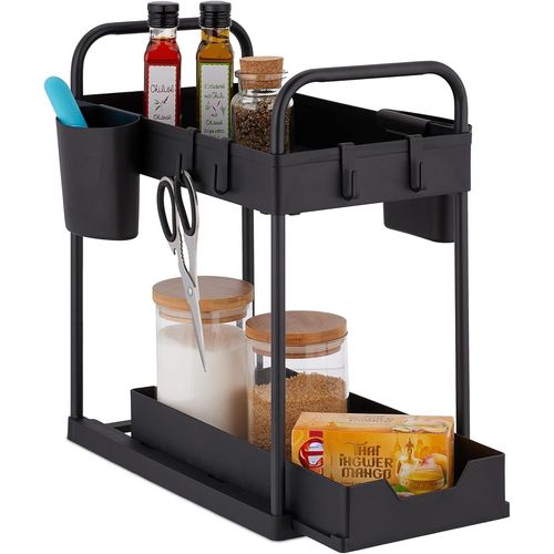 GOTHICANA BY EMPRangement Évier, 2 Niveaux, Compartiment Extensible, 4 Crochets, 2 Pots, Organiseur De Produits, Cuisine, Noir