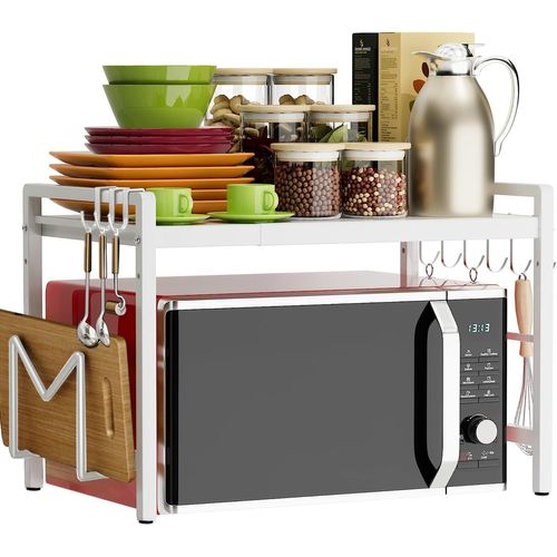Gothicana By Empétagère Extensible Pour Micro-Ondes À 2 Niveaux Avec 6 Crochets - Support De Rangement Pour Micro-Ondes - Étagère De Cuisine Pour Plan De Travail - Extensible De 40 À 64 Cm - Blanc