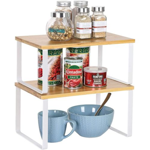 Gothicana By Emporganisateur De Placard Lot De 2, Étagères De Cuisine, Étagère À Épices, Extensibles Et Empilables, Étagères De Rangement En Bois Pour Placard Comptoir, Naturel Et Blanc