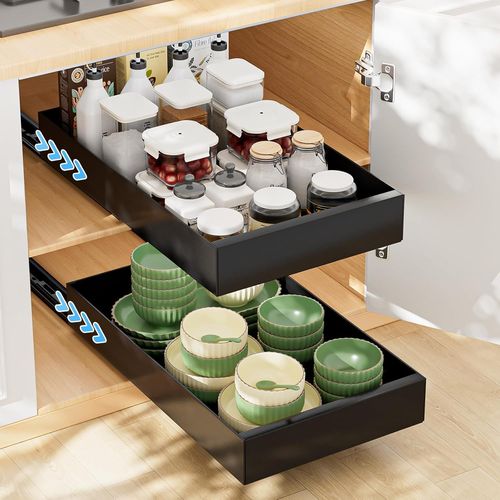Gothicana By Emptiroir Télescopique Pour Armoires De Cuisine, Lot De 2 Tiroirs Extensibles Sans Perçage, Étagère De Rangement 43 X 25 X 7 Cm, Installation Facile, Aucun Clouage Requis, Noir