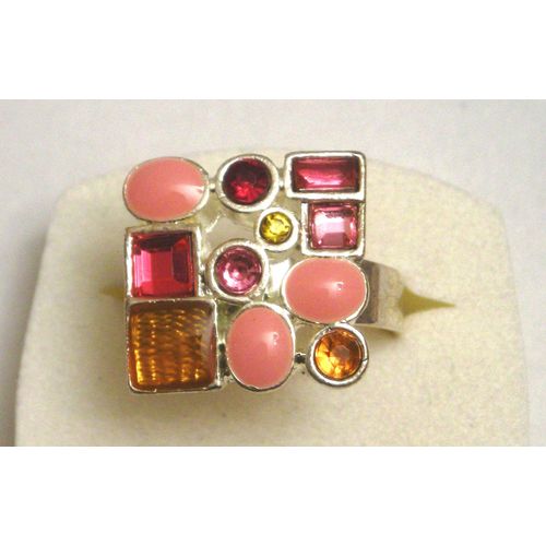 Bague Argentée De Forme Carrée Avec Strass Et Émail (Rose Et Orange)