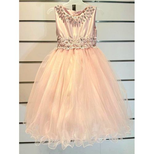 Robe Cérémonie Fille Saumon Buste Satiné Col Perlees Taille 4 Ans