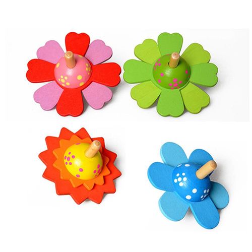 CONNOR Lot de 4 toupies en bois colorees a fleurs pour enfants, cadeau fantaisie