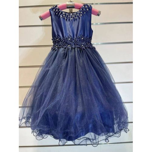 Robe Cérémonie Fille Bleu Marine Buste Satiné Col Perlees Taille 10 Ans