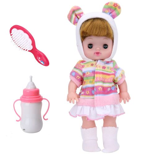 CONNOR ensemble de jouets pour enfants?: poupee vocale, biberon et peigne, jeux de role pour filles, robe a rayures roses